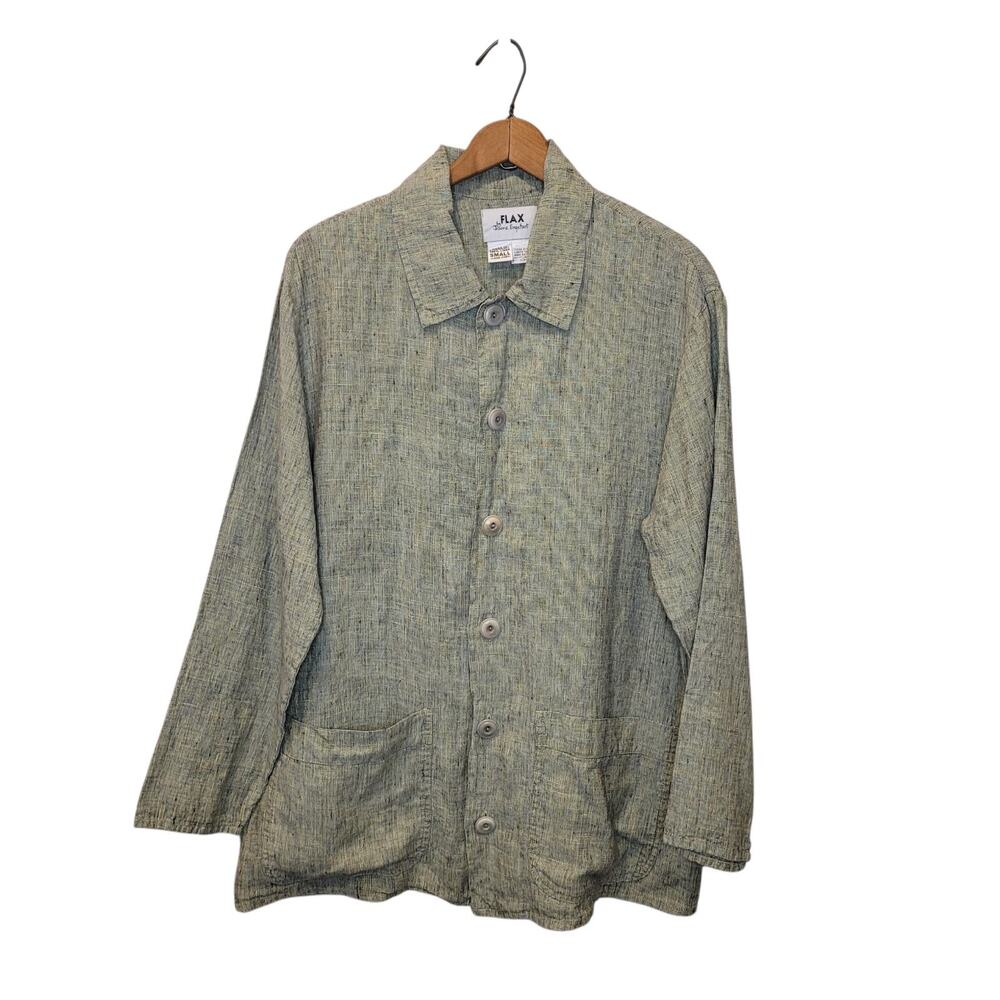 Flax Womens Linen Button Up Long Sleeve Green Jacket Small Pockets Lagenlook